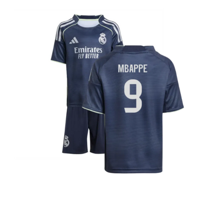 Real Madrid Kylian Mbappé 9 Kids Away Soccer Jersey 2025-2026