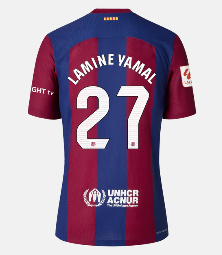 FC Barcelona Lamine Yamal 27 Kids Home Soccer Jersey 2023/24